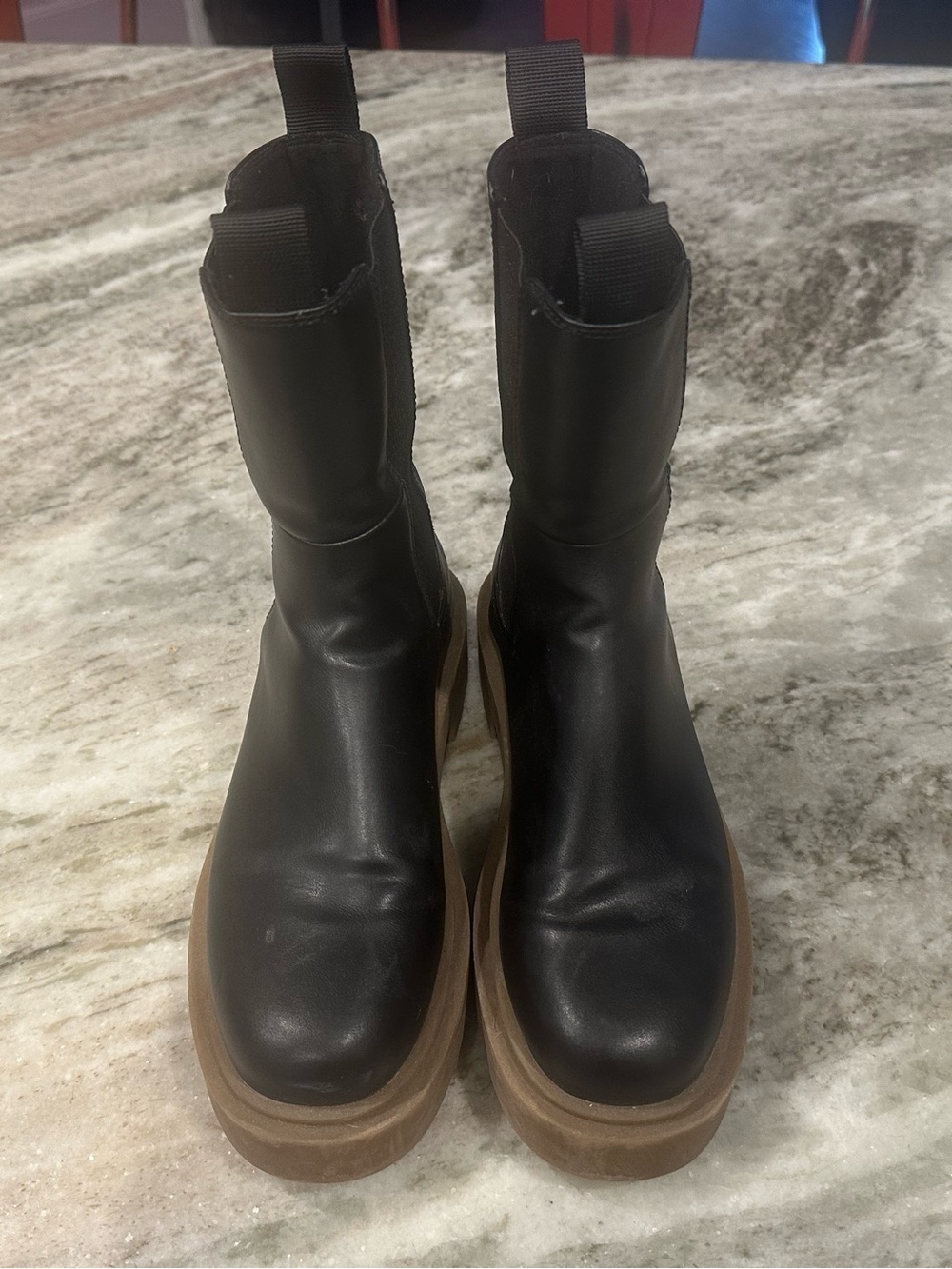Black Platform Chelsea Boots with Chunky Tan Sole - Women's